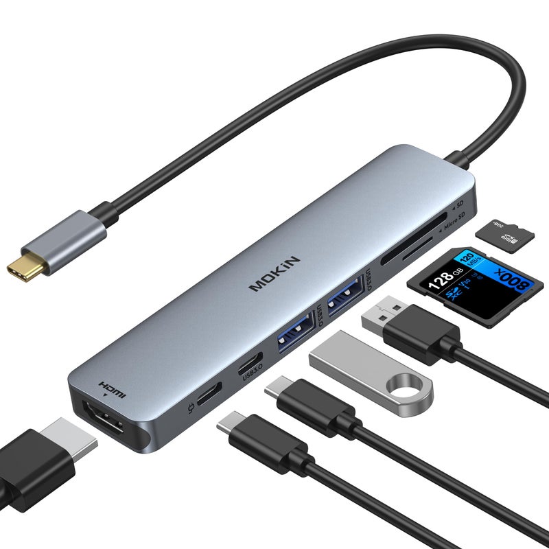 Mokin USB C Hub HDMI Adapter for MacBook Pro/Air, MOKiN 7 in 1 USB C Dongle with HDMI, SD/TF Card Reader, USB C Data Port,100W PD, and 2 USB 3.0 Compatible for MacBook Pro/Air, Dell XPS, Lenovo Thinkpad. - Image 1